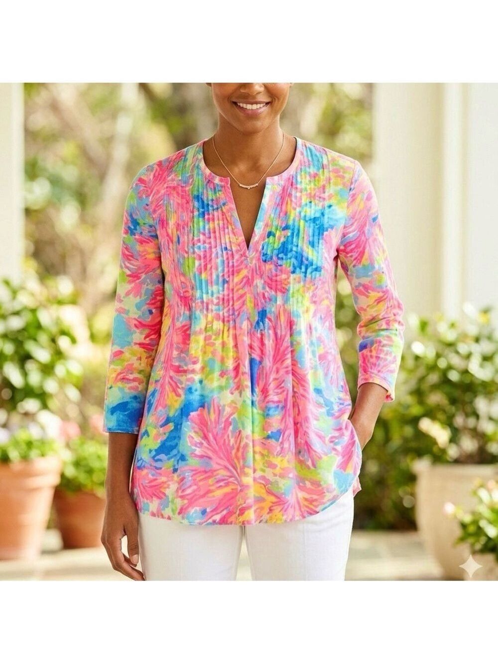 Lilly Pulitzer Women's Daylen Tunic Small Multi Palm Beach Coral Blouse Floral